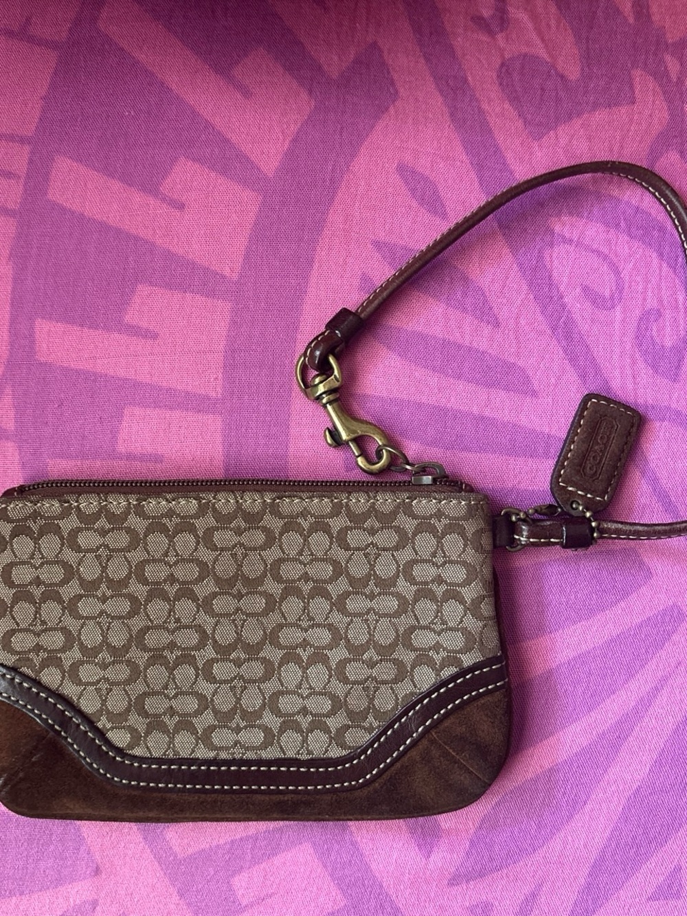 Coach Brown Signature Wristlet with Dark Brown Trim